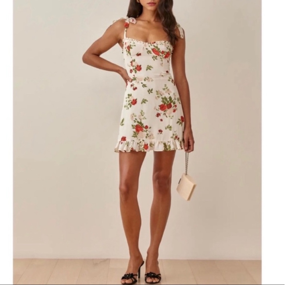Reformation Christine Ruffled Floral-Print Maureen Mini Dress Cream Sz 8